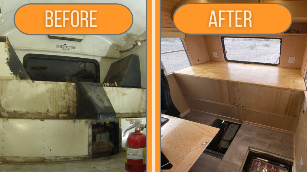 Before and After views of a back of school bus with framing demolished and turned into a workbench